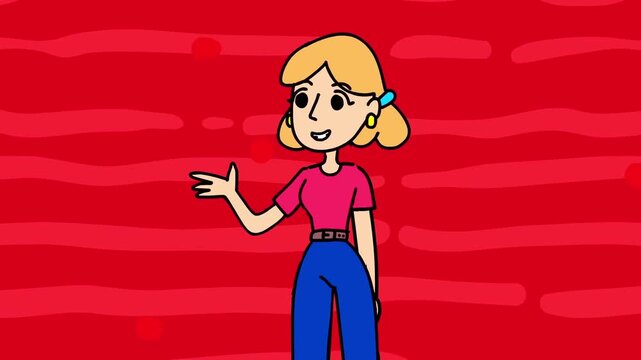 2D animation half body portrait of a blonde woman waving hand and presenting isolated on red background