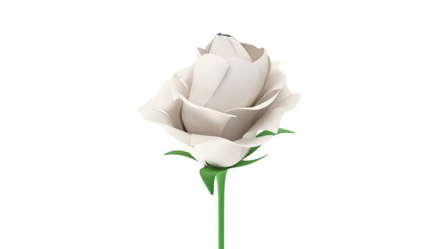 A white rose with green stem and leaves slowly rotates in close view against plain white, black, and blue backgrounds in a clean minimalist 3D animation