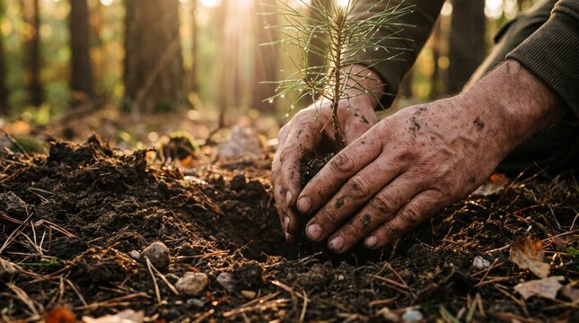 Hands planting young pine tree seedling in forest soil at sunset