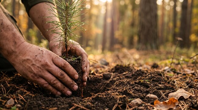 Hands planting young pine tree sapling in forest soil at sunset