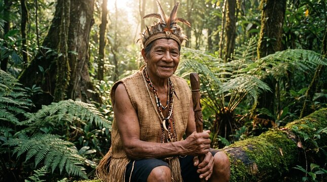 A dignified portrait of an indigenous community elder wearing authentic handcrafted traditional clothing and natural ornaments, surrounded by a pristine tropical rainforest. The image celebrates cultu