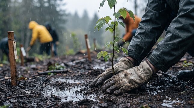 Volunteer hands planting young tree sapling in rainy forest ground