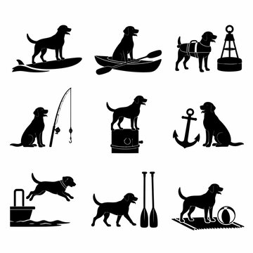 Set of nine black silhouettes featuring Labrador Retrievers in nautical activities including surfing, kayaking, wearing life vests, fishing, dock diving, and beach play on white background.