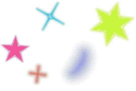 Abstract composition featuring colorful hand drawn stars and digital glitch effect shapes on a white background