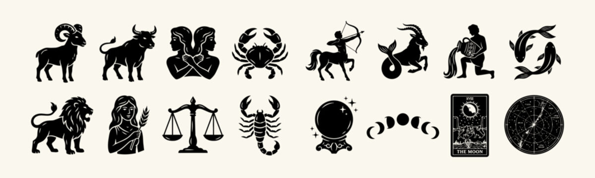 Zodiac signs astrology horoscope and mystical fortune telling icon set