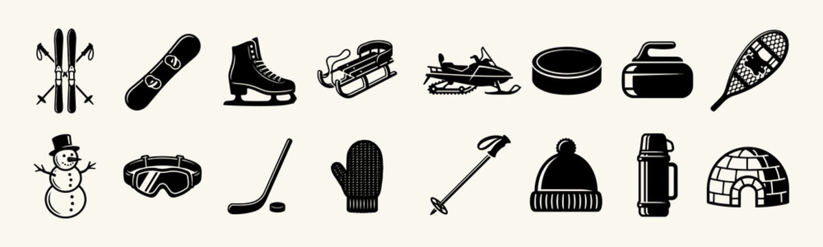 Winter sports cold snow ice recreation and winter equipment icon set