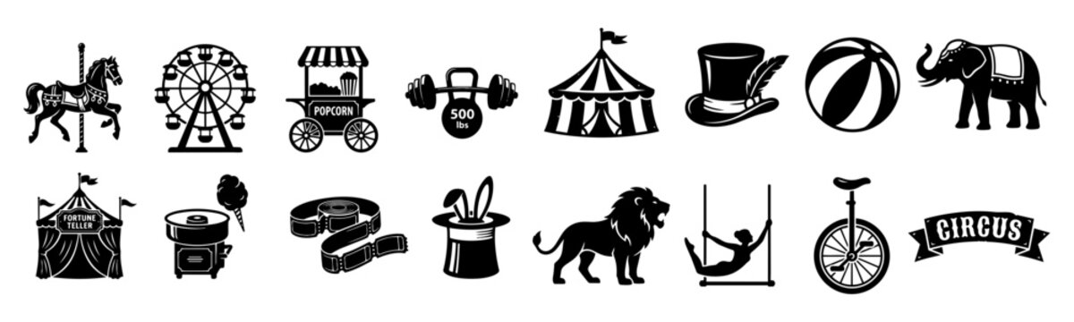 Vintage circus and carnival amusement icon set collection