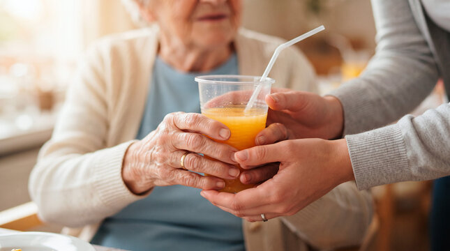 Caregiver hands offering a refreshing orange juice drink to an elderly woman