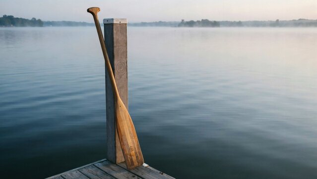 Wooden paddle leaning on wooden dock post against misty lake background with weathered wooden rowing against timber piling atmosphere stillness