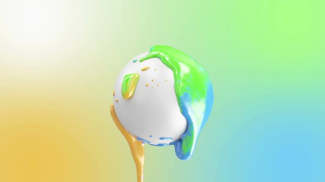 Glossy green blue and yellow paint flows and drips over a smooth white sphere against a pastel gradient background in a clean minimalist 3D animation