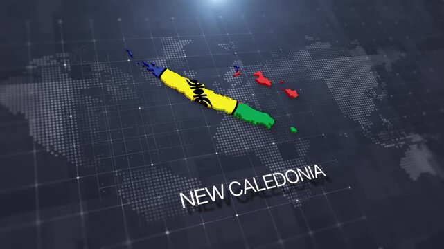 New Caledonia map with national flag on digital world map background, geographic border, global political and international news concept