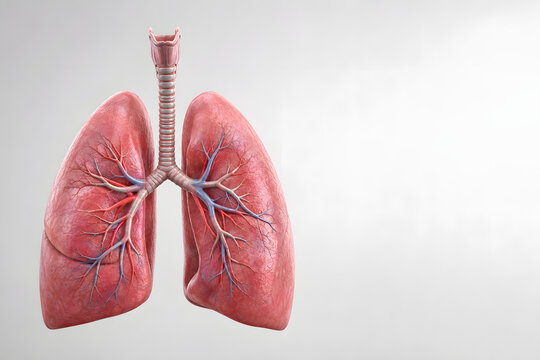 Human lungs are vital organs responsible for respiration, depicted in detailed anatomical view showcasing their structure and blood vessels