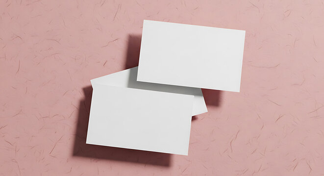 Two Blank Matte White Business Cards Stacked on a Soft Textured Pink Surface Mockup