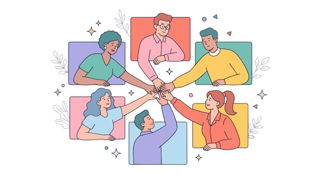 Diverse people putting hands together in online video call frames representing remote work collaboration teamwork and unity concept