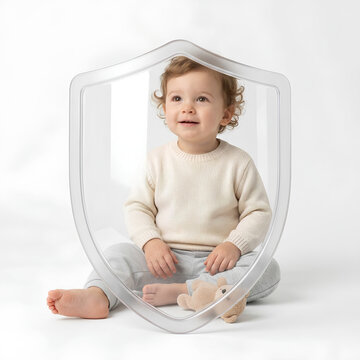 Adorable Toddler Sitting Inside Transparent Shield.
