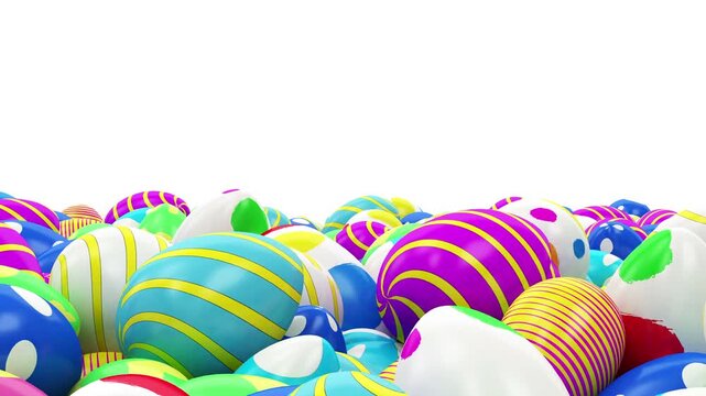 Bright patterned Easter eggs tumble, bounce, and gather into a playful pile on a clean white background, creating a festive holiday scene in 3D animation