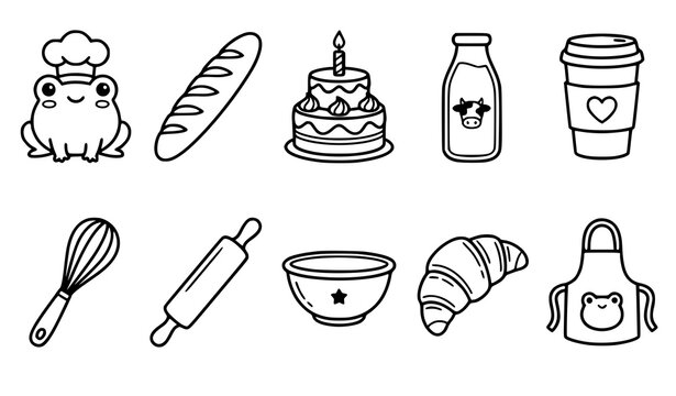 Cute hand drawn doodle set featuring a chef frog baking tools bread cake milk and coffee in black and white