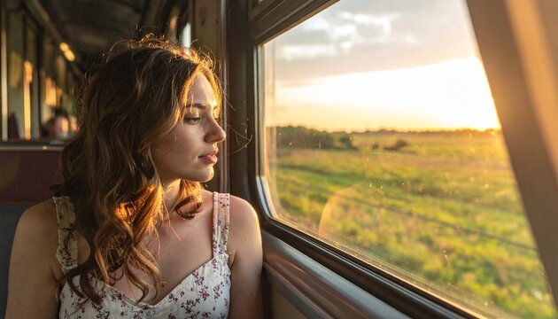 Woman looking out train window at sunset. Female traveler enjoying freedom on a journey.
