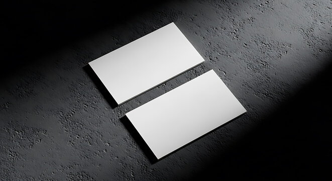 Two Blank Matte White Business Cards Mockup Arranged on a Dark Textured Surface Background