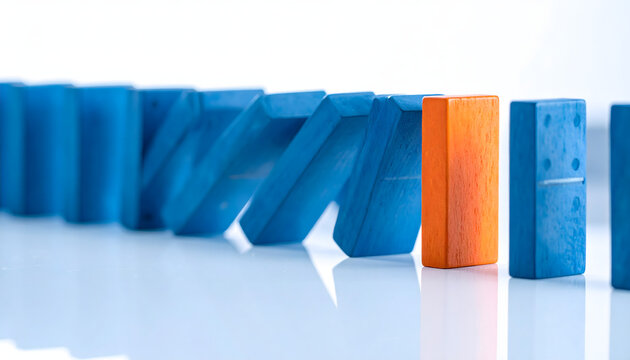 Elegant dark blue domino blocks arranged in line, with one vivid orange block standing out, creating striking visual contrast