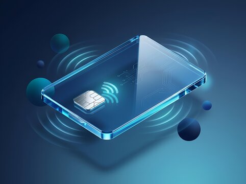 Contactless credit card with wireless payment signal on blue background