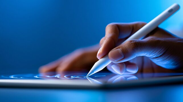 Stylus pen drawing on digital tablet screen, creative design concept, modern technology and digital art