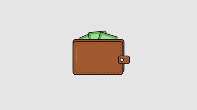 Brown leather wallet filled with green paper money cash isolated on a light grey background vector icon illustration