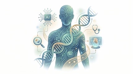 Obraz premium Artificial Intelligence and DNA Biotechnology Concept for Advanced Precision Healthcare Illustration