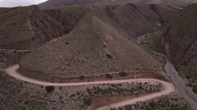 4K drone aerial view of Abra del C&oacute;ndor on the road to Iruya, Salta, Argentina. Spectacular Andean mountain pass with dramatic valleys, winding routes and breathtaking high altitude landscapes.