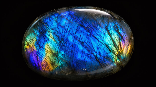 Polished labradorite feldspar mineral macro showing extraordinary labradorescence with electric peacock blue teal gold-green violet spectral colour zones against dark charcoal grey stone base