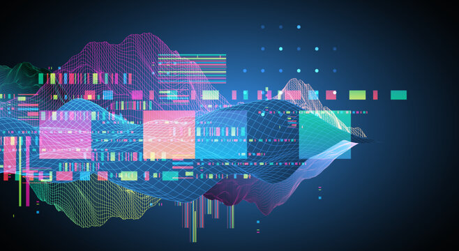 Abstract digital data visualization with colorful neon waveforms, wireframe grids, and geometric glitch elements on a dark blue background. Vector.