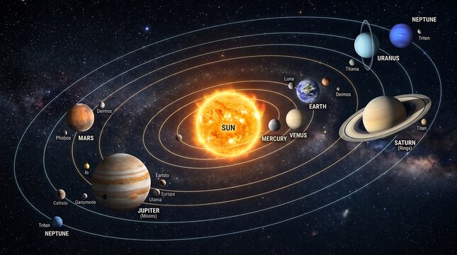 Diagram of solar system with sun and planets in outer space astronomy universe