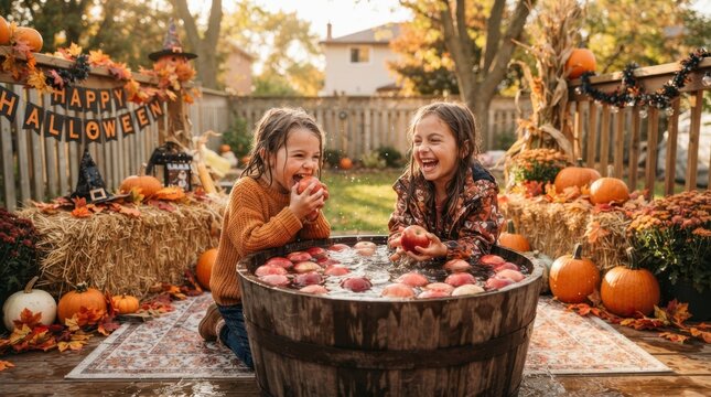 Two happy girls playing bobbing for apples in a wooden barrel during Halloween