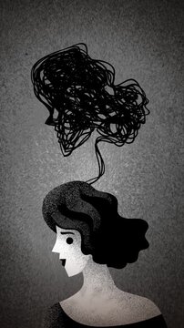 woman with a tangled web of thoughts emerging from her head and forming a face representing the unconscious mind