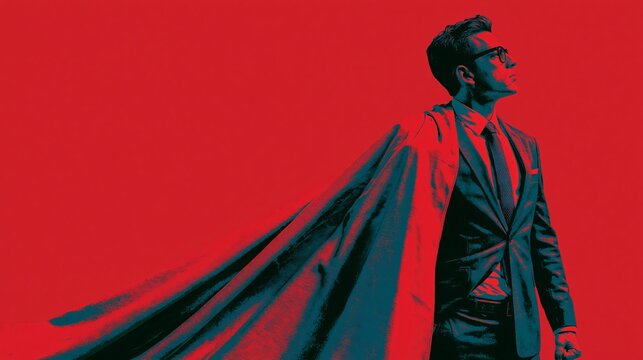 Man in Suit and Cape Gazing Upward with Confidence, Dynamic Pose and Bold Color Palette