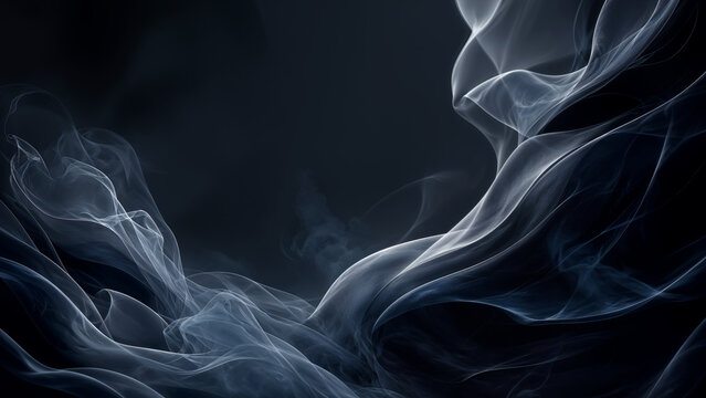 White smoke moves and twists in a dark area. The shapes change as the smoke flows, creating a dynamic scene. Light reflects off the smoke, enhancing the movement