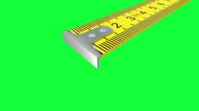 Close views of a yellow measuring tape extending from its case and showing scale markings, with versions on white, black, and green backgrounds in a clean 3D render