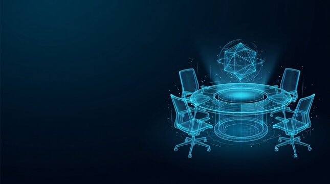 Conference table and office chairs in abstract wireframe glowing blue hologram style representing virtual meeting and modern corporate digital workspace with workspace