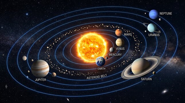 3D rendered model of solar system with planets orbiting sun astronomy universe