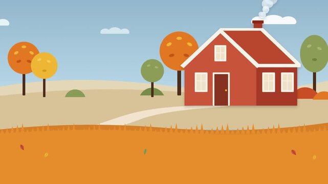 Autumn Landscape with Cozy Red Country House Vector Illustration Animation