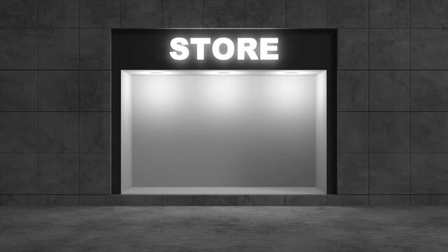 Minimal gray retail facade with a large display window gradually illuminated by overhead spotlights and a glowing store sign in a static front view, 3D animation
