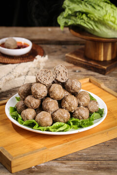 Handmade Teochew Beef Balls Perfect for Soup - Traditional Chinese Meatballs on Wooden Table