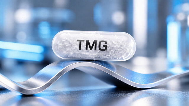 A capsule labeled TMG rests on a smooth wavy metal surface in a laboratory. Blue lights illuminate the background, creating an industrial feel