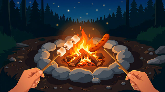 Hands roasting marshmallows and sausage over a campfire in a forest at night vector illustration