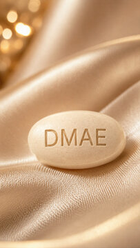 A DMAE supplement capsule sits on smooth fabric. The capsule has the word DMAE engraved on its surface. The background is soft and shiny, adding a warm look to the scene