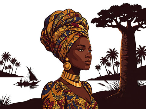 Elegant Vector Poster of a Woman with Gele Headdress and Coastal Scene