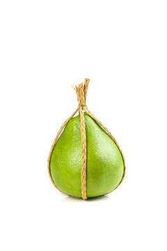 Thai Ruby Red Grapefruit in Traditional Rope Packaging on White Background