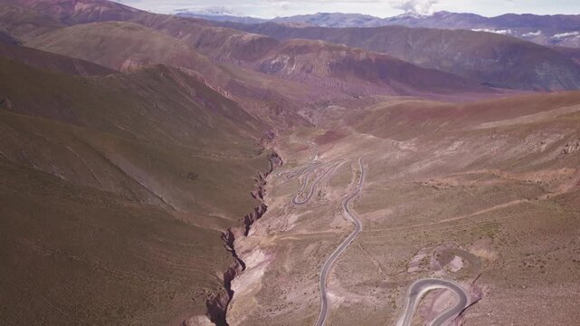 4K drone aerial view of Cuesta de Lip&aacute;n, Jujuy, Argentina. Spectacular winding mountain road climbing through the Andes with dramatic curves, rugged landscapes and breathtaking high altitude scenery.