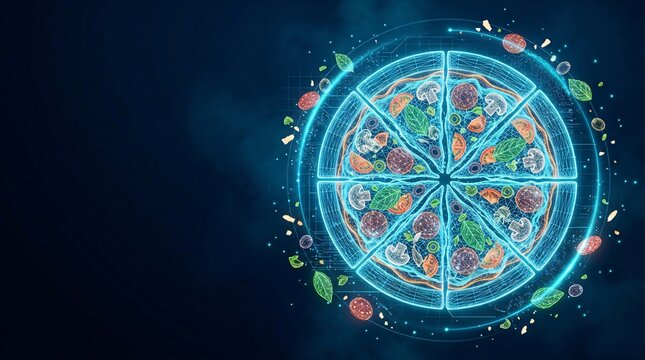 Holographic pizza icon glowing digital wireframe food design on dark background with hologram wireframe technology restaurant abstract innovation business
