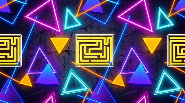 Retro neon eighties aesthetic wallpaper glowing maze geometric neon shapes.